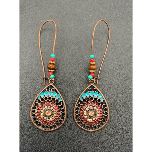 Southwestern Western Boho Style Turquoise Enameled Dangle Drop Beaded Earrings - Picture 1 of 4